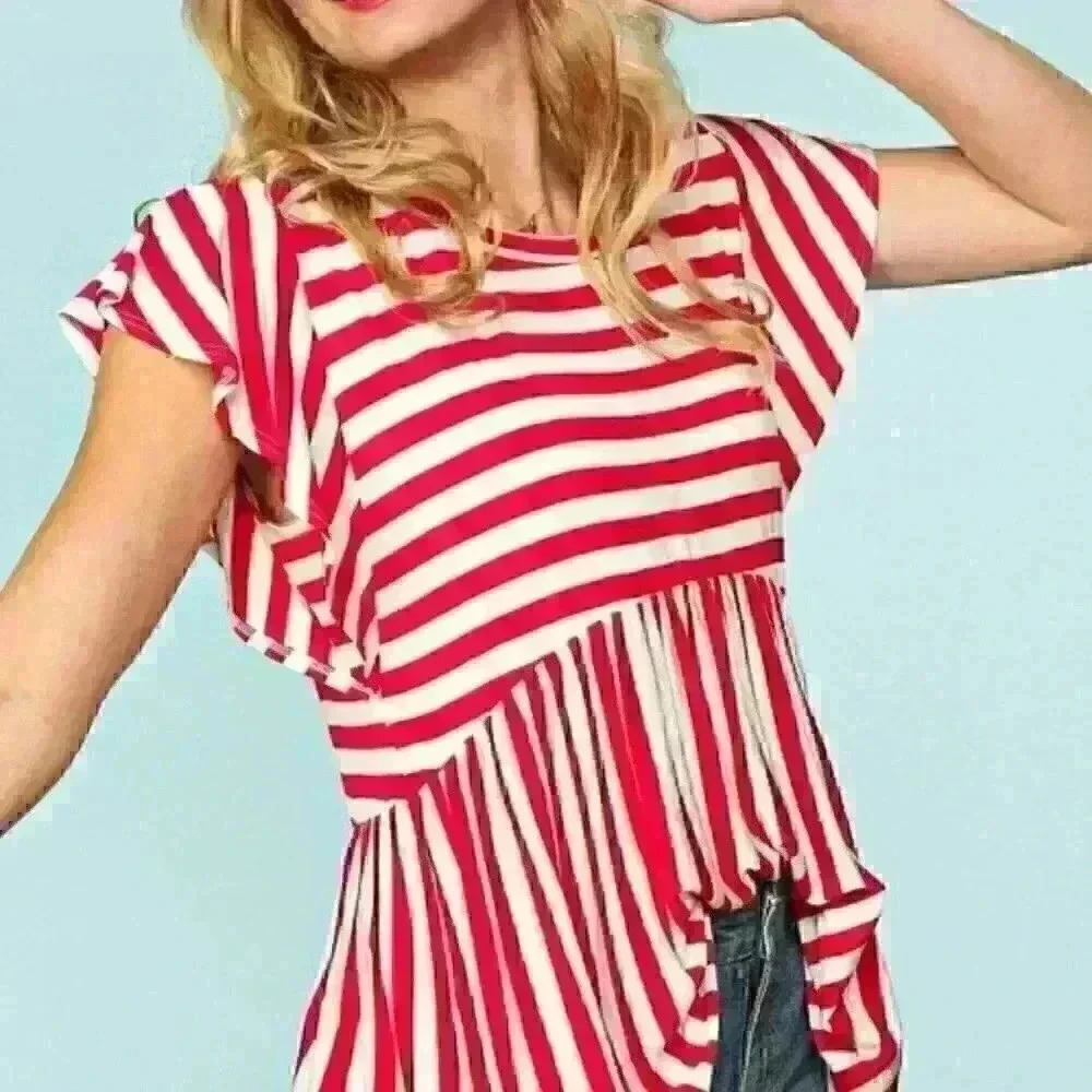 Red and White Stripe Peplum Babydoll Top - Picture 3 of 4